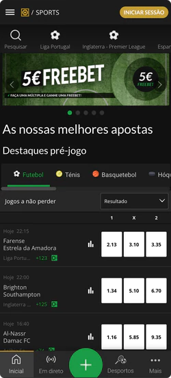 Tela de apostas esportivas no ESC Online APP com freebet de 5€, odds ao vivo, múltiplas opções de esporte e cupom de aposta para palpites rápidos