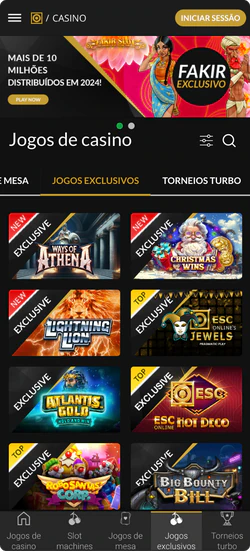 Catálogo de jogos de cassino no ESC Online APP com filtros por categoria, jogos em destaque como Fakir e busca rápida para apostas em slots e mesas ao vivo