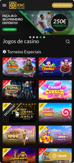 Seção de cassino no esc casino app com destaque para bônus de 250€ e jogos populares como slots temáticas, torneios especiais e acesso rápido via aplicativo móvel