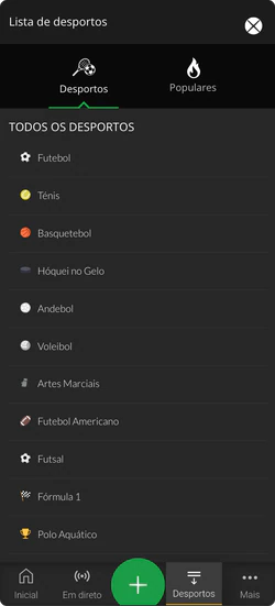 Lista de esportes disponíveis no ESC Online APP com futebol, basquete, tênis e mais de 25 modalidades para apostas pré-jogo e ao vivo com depósito mínimo de 10€