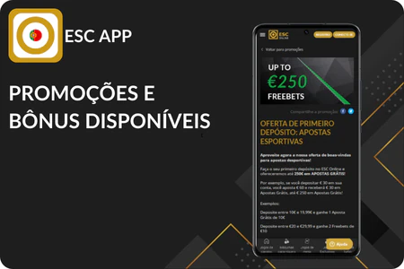 Página de promoções no ESC Online APK com bônus de boas-vindas até 250€ no primeiro depósito, 20 rodadas grátis sem depósito, cashback semanal e torneios de slots com prêmios em dinheiro para maximizar ganhos em apostas e cassino em Portugal