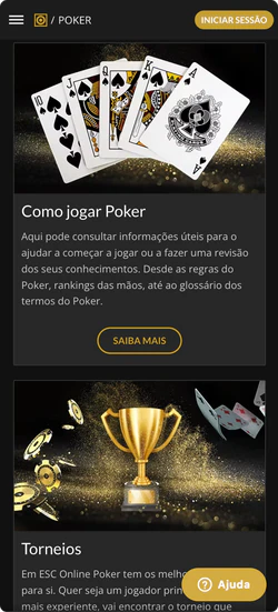 Guia de como jogar poker no APP ESC Online com regras, cartas na tela e botão para começar partidas em tempo real com outros jogadores em Portugal