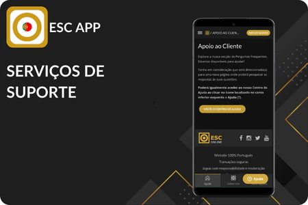 Tela de suporte ao cliente no ESC Online APK com chat ao vivo 24/7, e-mail, telefone e FAQ para resolver dúvidas sobre depósitos, bônus de boas-vindas, apostas esportivas e cassino ao vivo em Portugal