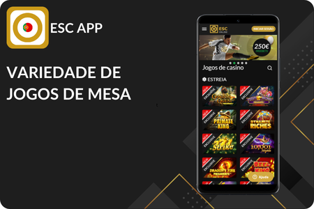 Tela do ESC Casino APP exibindo variedade de jogos de cassino com slots temáticas, blackjack, roleta europeia, poker ao vivo e títulos exclusivos como Golden Treasure e Dragons of Fortune com jackpots e bônus especiais para ESC PT apostas
