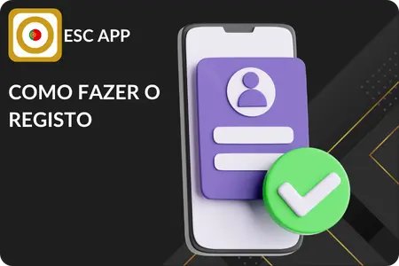 Ilustração do processo de registo na ESC App com telemóvel, formulário e confirmação