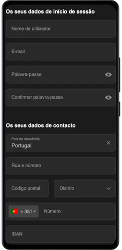Formulário de dados pessoais otimizado para ecrã tátil no registo ESC